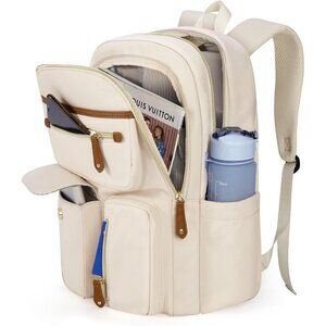 Women's Beige 15.6in Waterproof Work Travel Backpacks With Usb Charger Port